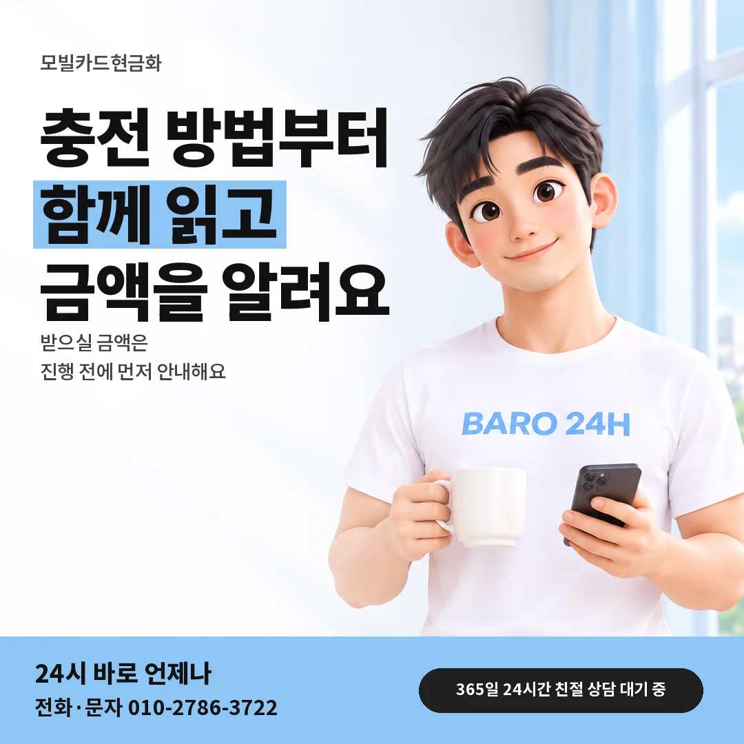 BARO 24H 티셔츠를 입은 3D 인물 옆에 「모빌카드현금화 안내」 제목을 얹은 안내 카드